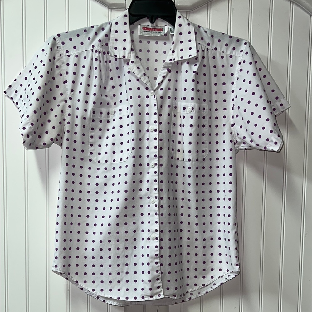 80s White & Purple Polka Dot Shirt M Vintage Costal Grandma